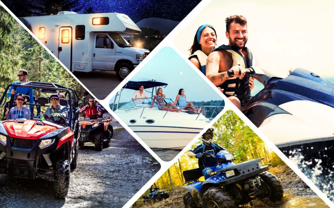 A collage featuring individuals riding ATVs and enjoying camping activities in a natural outdoor setting.